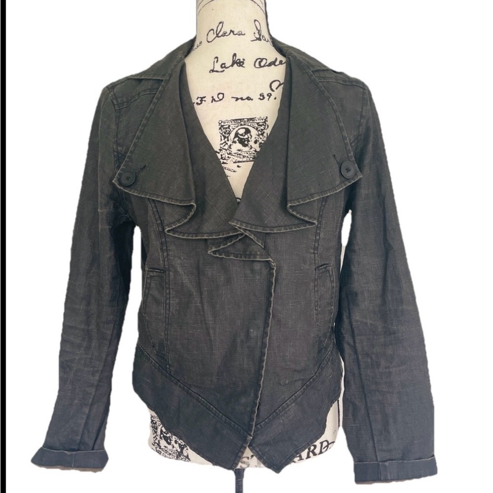 CAbi Jacket Moto Black‎ Charcoal distressed Ruffles Sz M Women Biker Goth core
